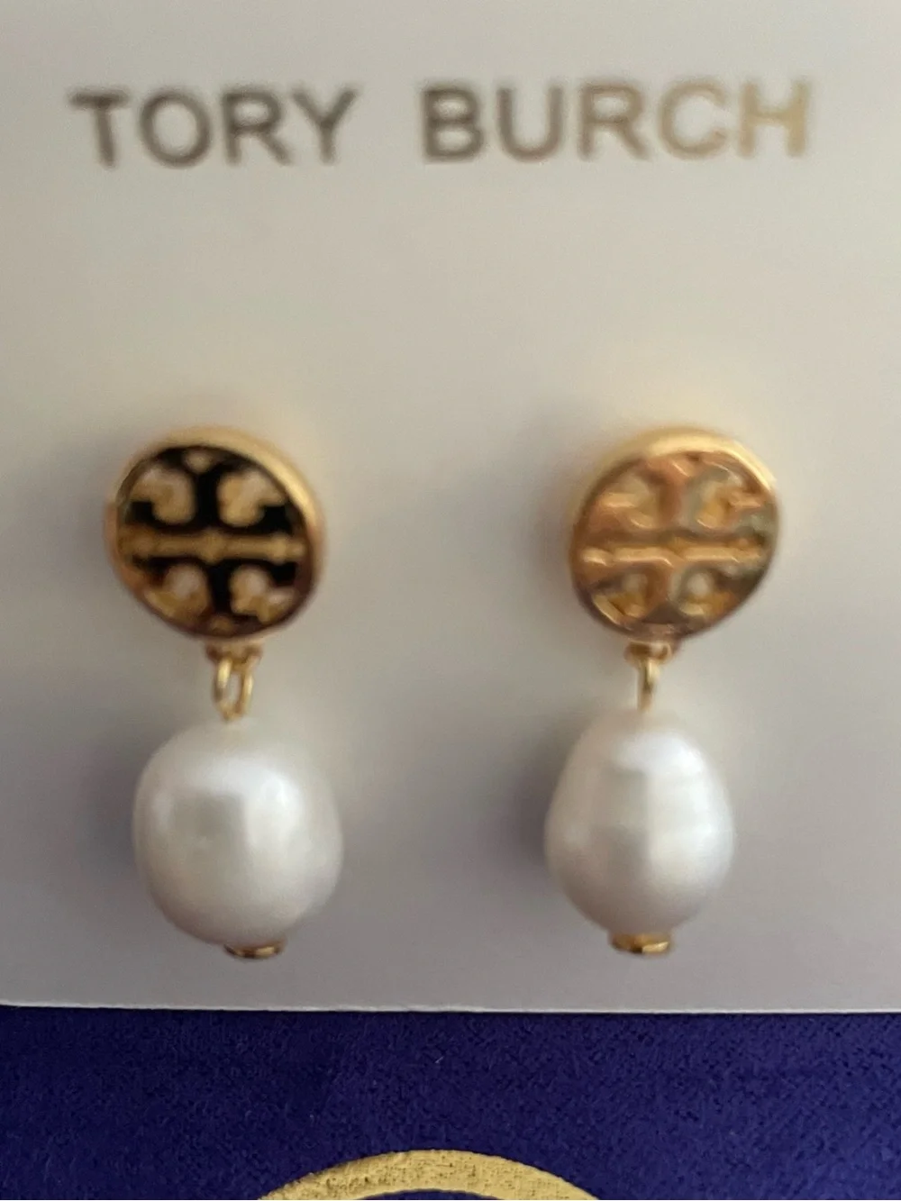 Tory Burch Gold and Black Logo with White Pearl Drop Earrings